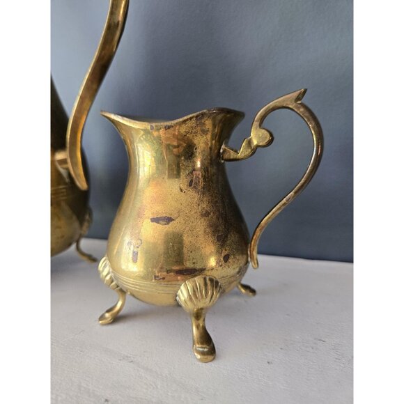 Vintage Brass Coffee Set Tall Pot, Cream & Sugar Dish Made in India Gold Metal - Picture 9 of 10